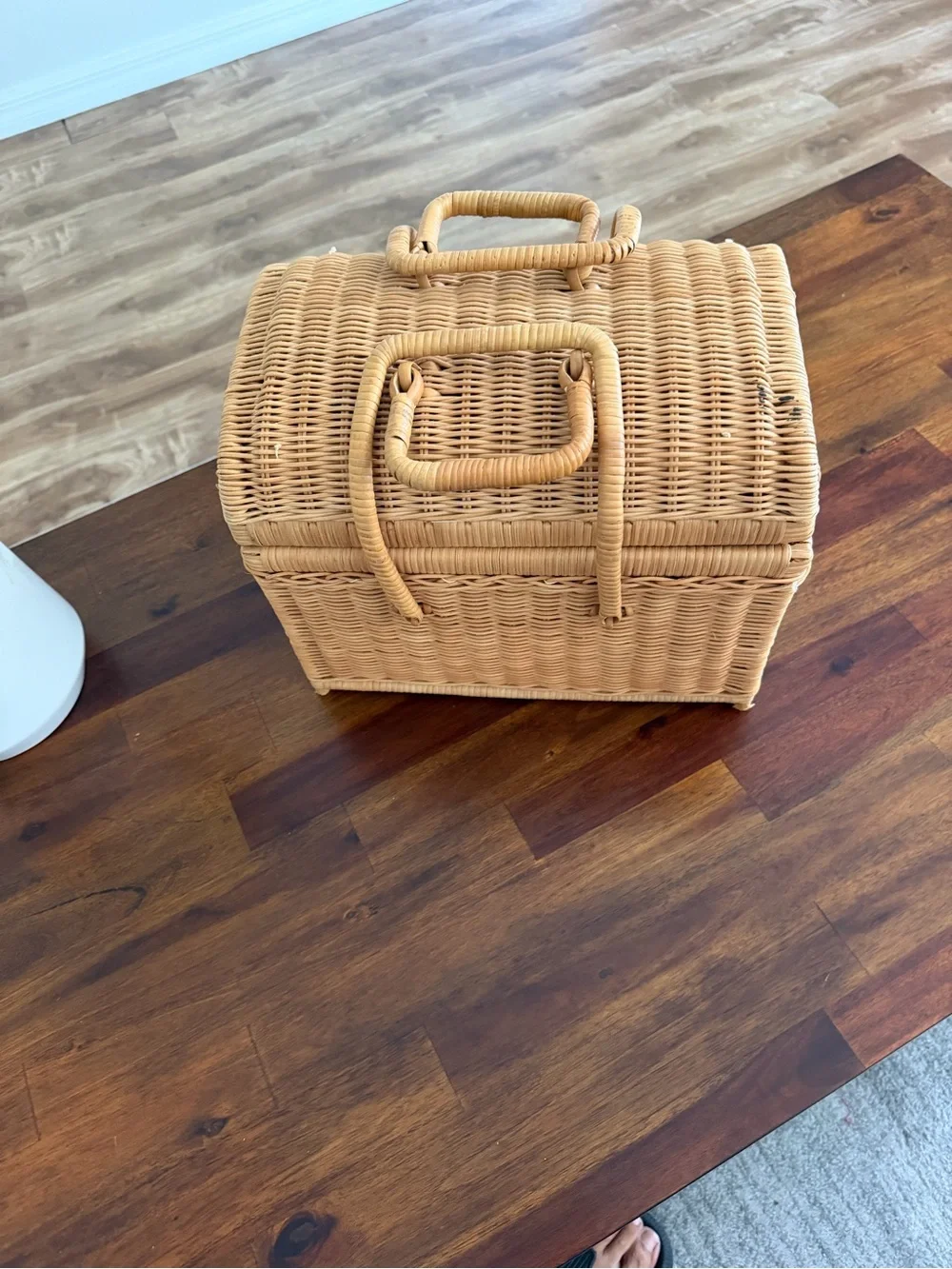 Vintage Woven Rattan Picnic Basket Red Gingham Split Lid Cottagecore BoHo